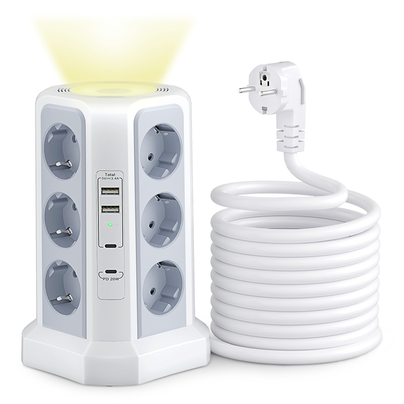 EU Plug Tower Power Strip 12 AC Power Outlets 2 USB A and 2 USB C Ports with Night Light - Supergold Corporation Limited