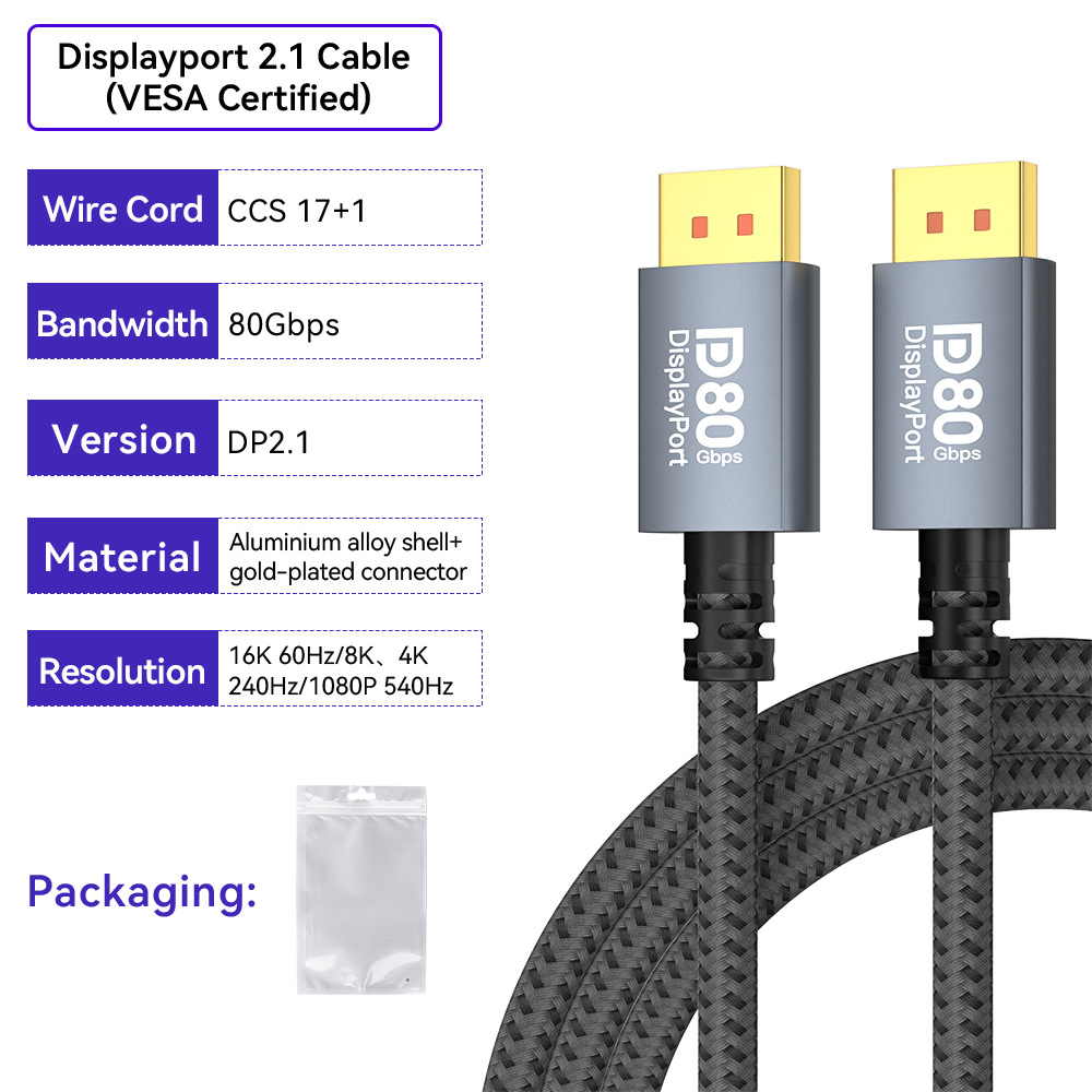 DisplayPort 2.1 VESA 80 Gbit/s Male-to-Male Gaming-Monitor, 2-Meter-Kabel